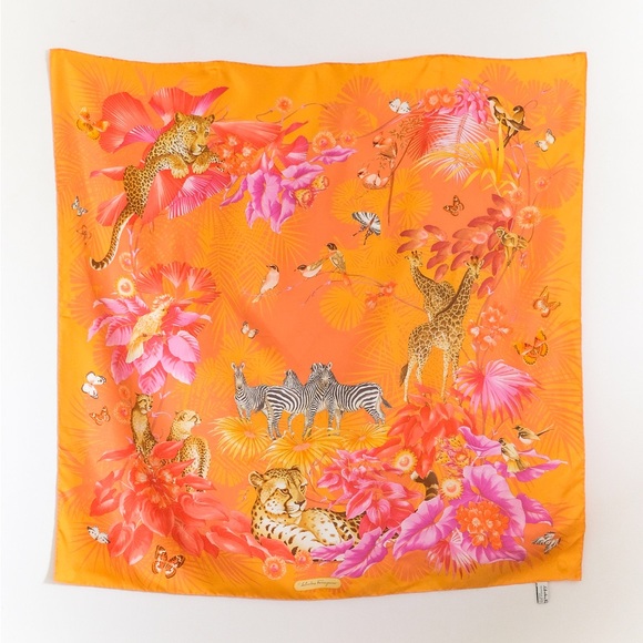 AUTHENTIC Salvatore Ferragamo Designer Jungle Print Silk Scarf - Picture 2 of 12